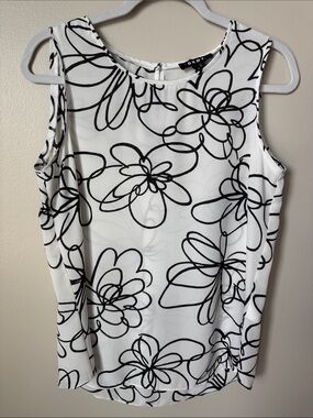 DKNY White and Black Floral-Outline Sleeveless Camisole